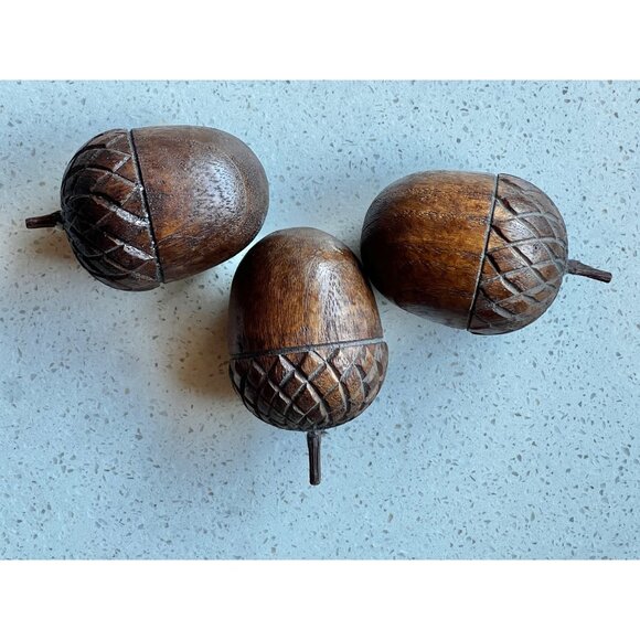 Handcrafted Wooden Acorn Decor Set Of 3 - Rustic Natural Finish